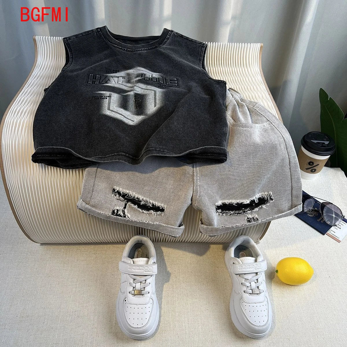 Korean Children's Summer Clothes Kids Set Outfits Boys 2025 Handsome Sleeveless&Short Sleeved T-shirt Denim Shorts 2-piece Set