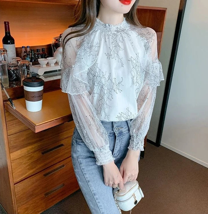Chiffon Women's Shirt and Blouse Lace Flowers Luxury Designer Youthful Woman Clothes Vintage Clothing Female Tops Trend 2025 New
