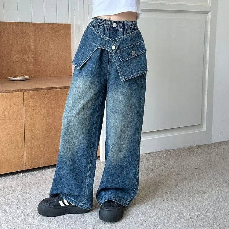 Autumn Trendy Korean Style Flared Jeans for Girls - Medium & Large Kids, Ruffled Long Pants for Junior High Students