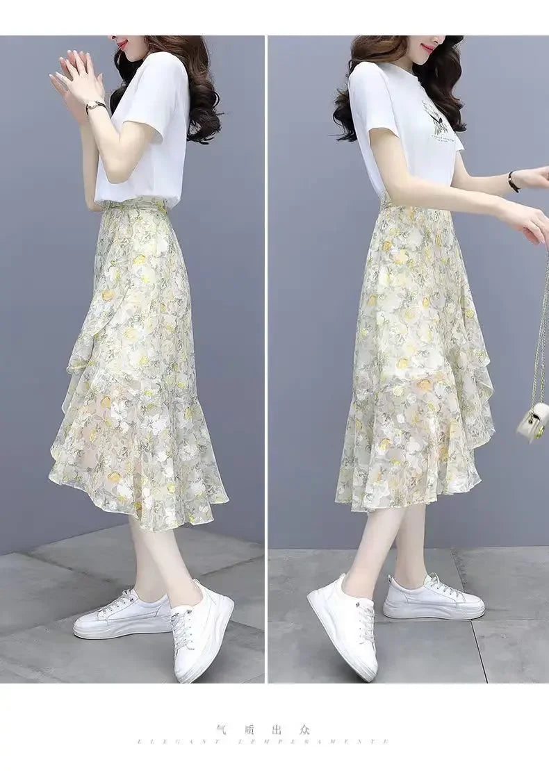 Fashion Printing Irregular Chiffon Skirt Women Summer Thin Slim Elegant Casual Loose All-match Fresh Women's Clothing Skirt