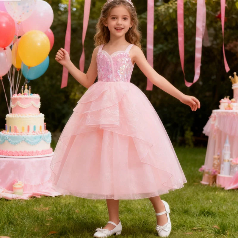 Festive Dress For Girl Fancy Pink Princess Dress Elegant Puffy Girls Wedding Bridesmaid Pageant Party Dress Birthday Ball Gown