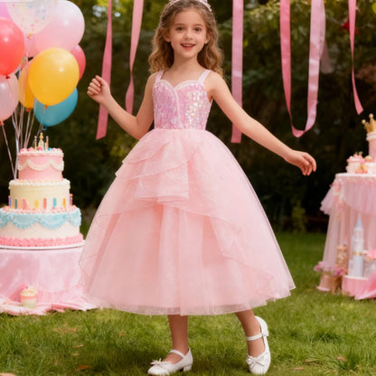 Festive Dress For Girl Fancy Pink Princess Dress Elegant Puffy Girls Wedding Bridesmaid Pageant Party Dress Birthday Ball Gown