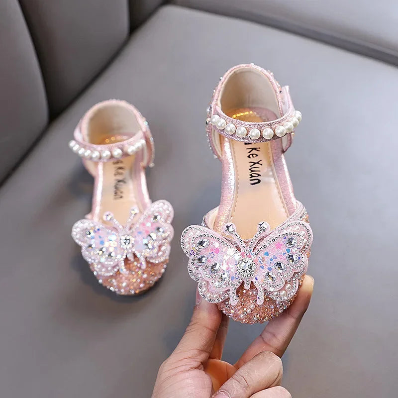 Kids Sandals for Girls Rhinestone Butterfly Elegant Versatile Children's Summer Sandals Soft Bottom Princess Fashion Flat Shoes