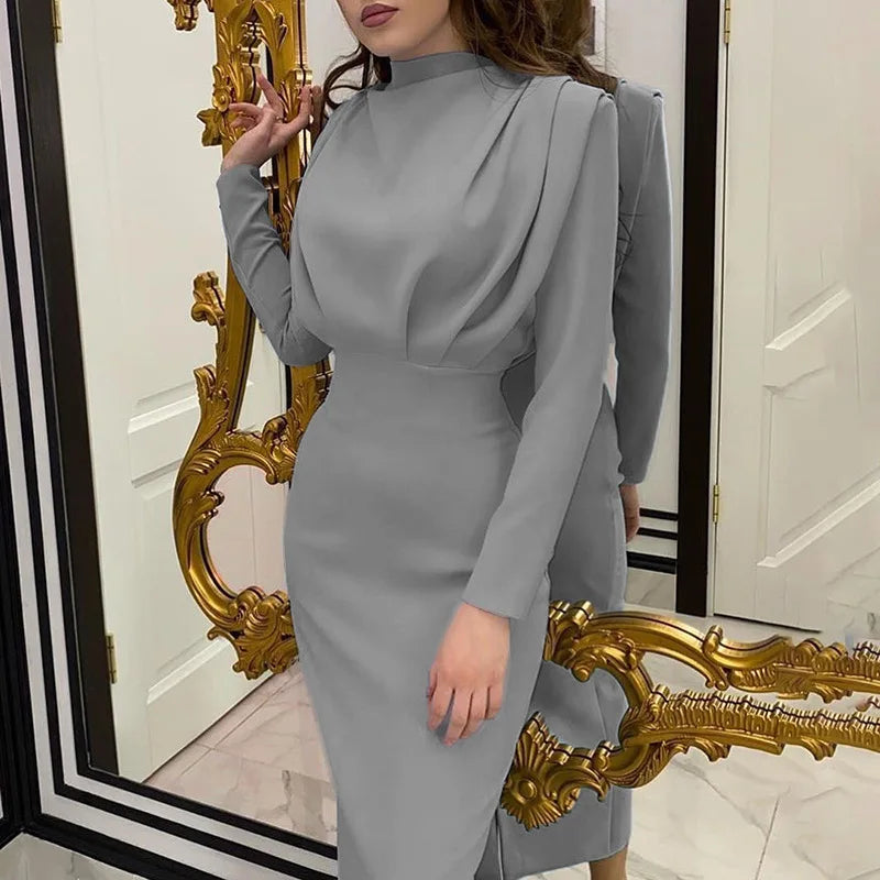 Women's Spring New Dresses with European and American Temperament, Waist Wrapped Solid Color Long Skirt, Long Sleeves, Round Nec