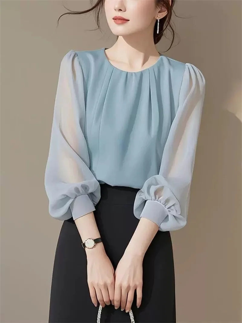Autumn Winter Ladies Solid Color Blouse Jacket 2025 Female Long Sleeves Tops Coat Korean Women Fashion Round Neck Chiffon Shirt