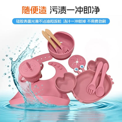 Baby Feeding Set 9PCS Silicone Crab Bowl Plate Spoon Fork Toddler Tableware Kids Dish Infant Utensils