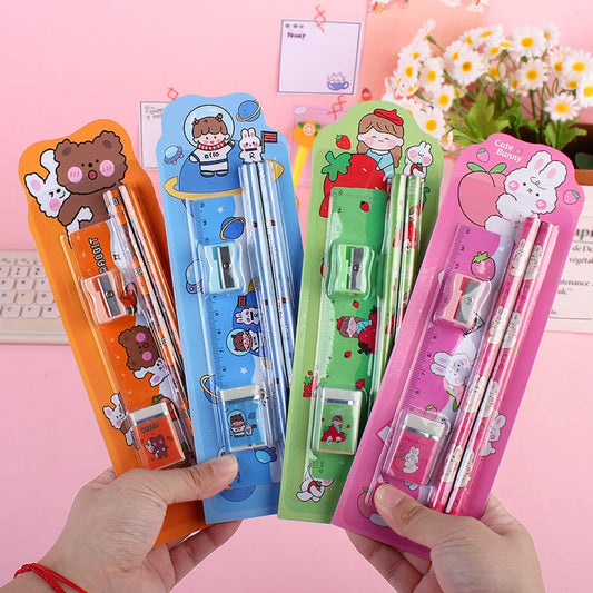 5Pcs Cute Cartoon Stationery Set Pencil Ruler Eraser Pencil Sharpener Kawaii Children School Scrapbook Supplies Set For Gifts