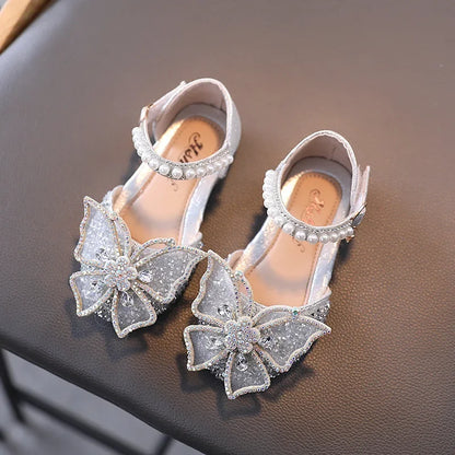 Large Crystal Bow Tie Kids Shoes for Girl Princess Beading Mary Jane Shoes Bling Prom Children  Girls Designer Shoes