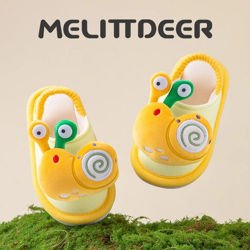 Cozy Fall & Winter Slippers for Boys and Girls, Cartoon Snail Design, Adjustable Heel Strap