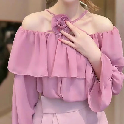 Ele Pure Color One-oulder ort Flared Sve Chiffon Top Women's Korean Sle Spring New Faion Loose Fit Top