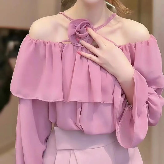 Ele Pure Color One-oulder ort Flared Sve Chiffon Top Women's Korean Sle Spring New Faion Loose Fit Top