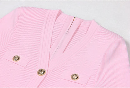 2025 Spring/Summer New Fashion Knitted Elastic Short Sleeve Solid Color Gold Button Slimming Style Commuter Women's Dress