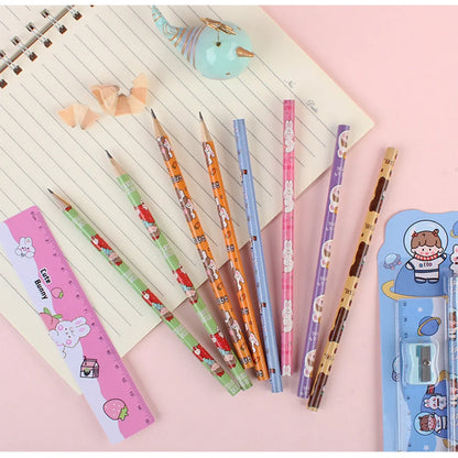 5Pcs Cute Cartoon Stationery Set Pencil Ruler Eraser Pencil Sharpener Kawaii Children School Scrapbook Supplies Set For Gifts