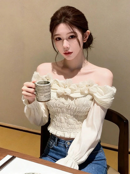 Unique Beautiful Lace Long Sve oulder Bared Chiffon Blouse Women Early Spring Faionable Bellflower irt Organic Bambo...