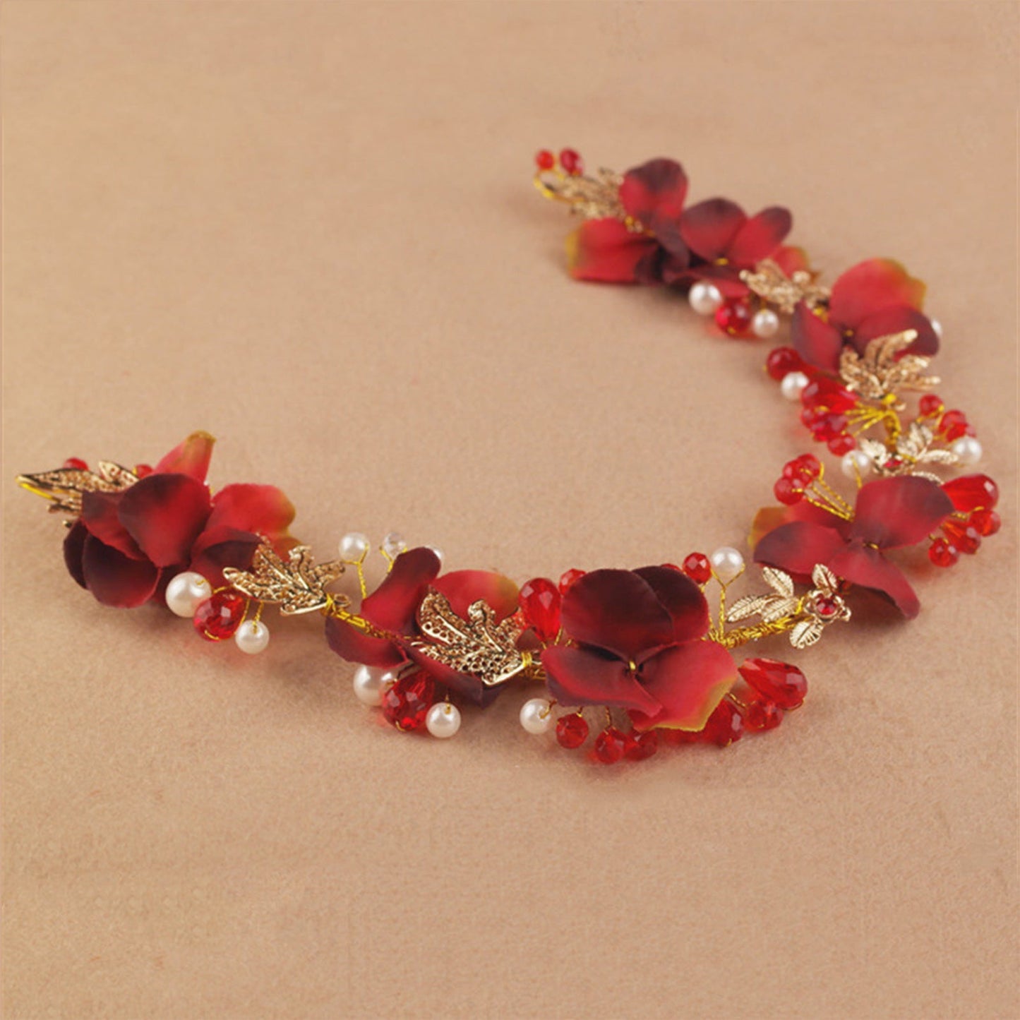 Artificial Flower Hairband Wedding Tiaras For Women Red Floral Pearl Headband Elegant Girls Hair Hoop Bridal Headwear Jewelry