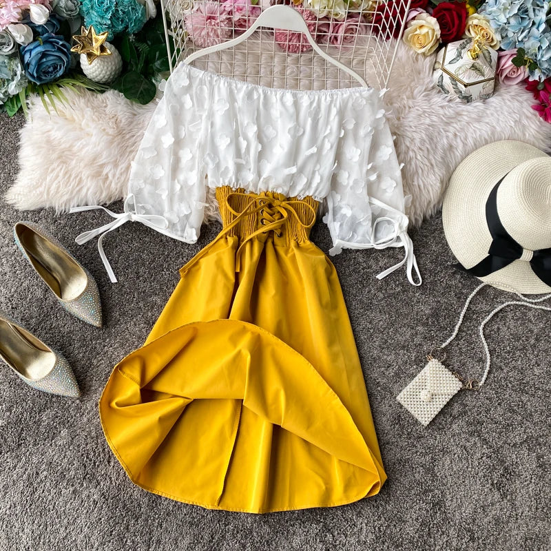 Summer Women's Dress Sexy Off Shoulder Patchwork Party Flower Chiffon Waist Lace Up Beach Short Dresses