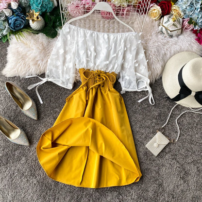 Summer Women's Dress Sexy Off Shoulder Patchwork Party Flower Chiffon Waist Lace Up Beach Short Dresses