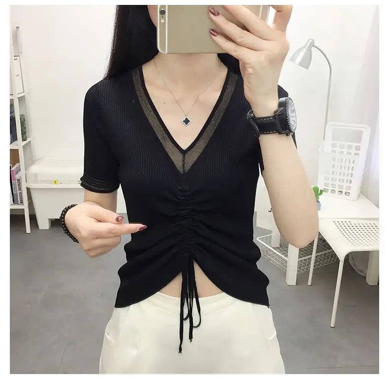 Ice Silk Short Sleeve T-shirt for Women in Summer New Thin V Neck Drawstring Solid Color Casual Tops Fashion Office Clothing