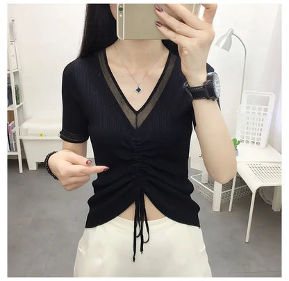 Ice Silk Short Sleeve T-shirt for Women in Summer New Thin V Neck Drawstring Solid Color Casual Tops Fashion Office Clothing