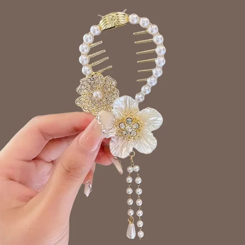 Ladies Butterfly Rhinestone Pearl Metal Hair Claw Round Bun Ponytail Holder (Available)