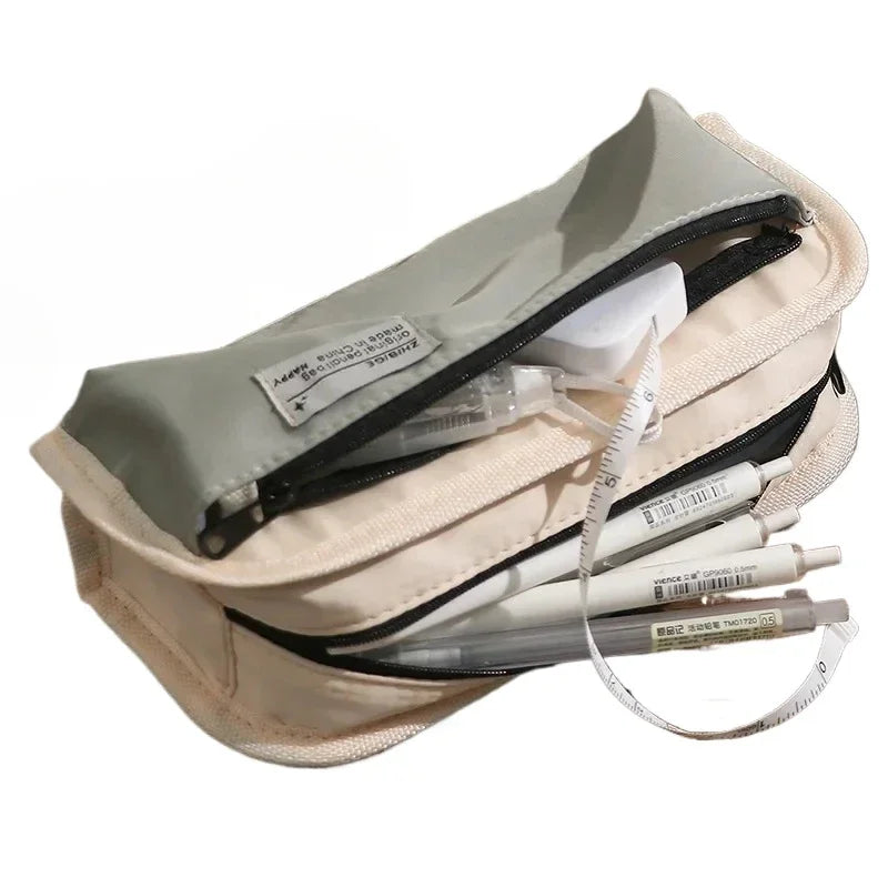 Outdoor Style Pencil Bag Pen Case Hitting Color Canvas 3 Layer Pocket Storage Pouch for Stationery School