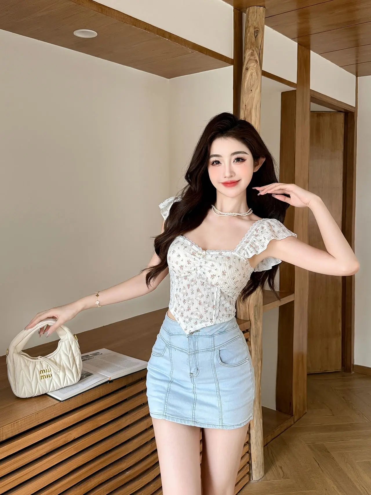 Summer New Pure Desire Sweet Floral Print off oulder Crop Top Slimming  with Chest Pad Versatile Women's Vest