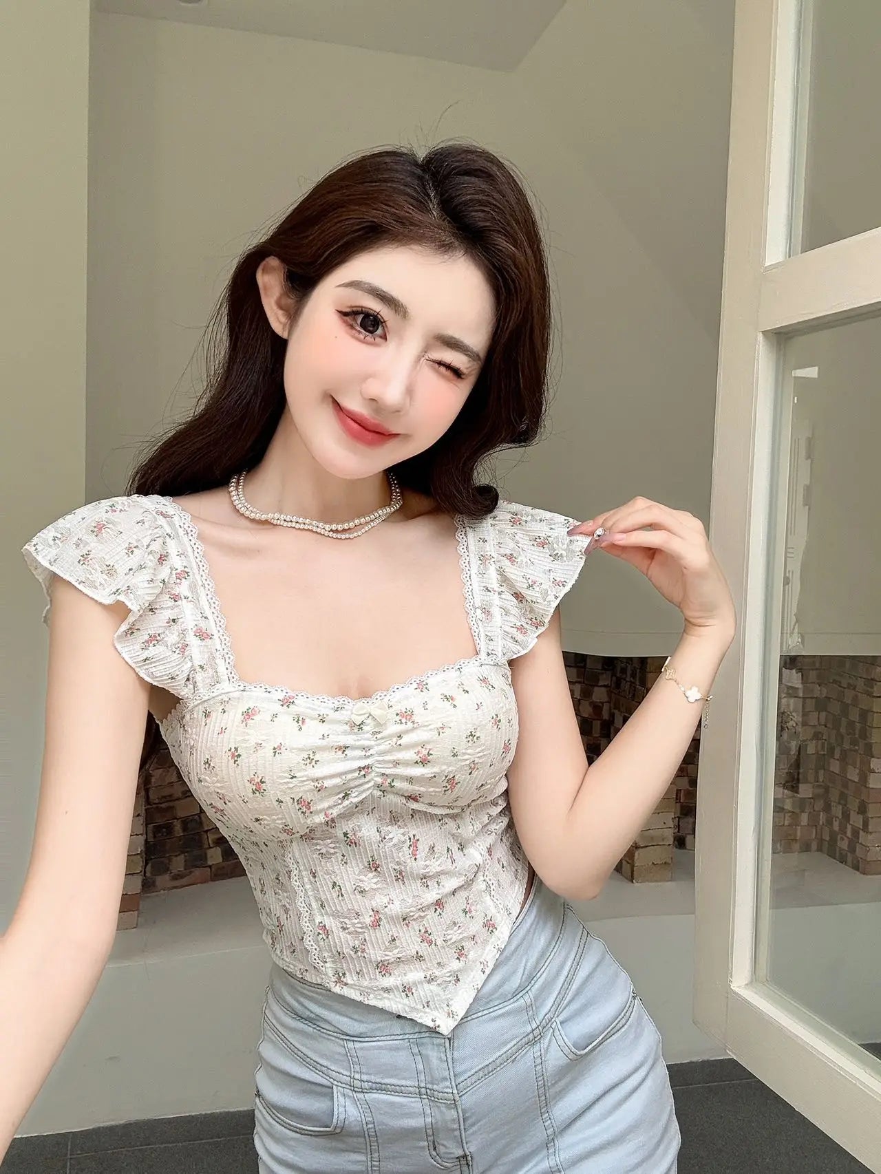 Summer New Pure Desire Sweet Floral Print off oulder Crop Top Slimming  with Chest Pad Versatile Women's Vest
