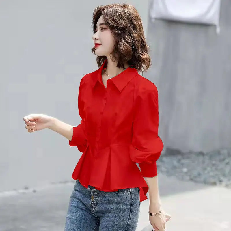 Stylish Lapel Button Spliced All-match Folds Lantern Sleeve Shirt Women's Clothing 2022 Autumn New Casual Tops Loose Chic Blouse