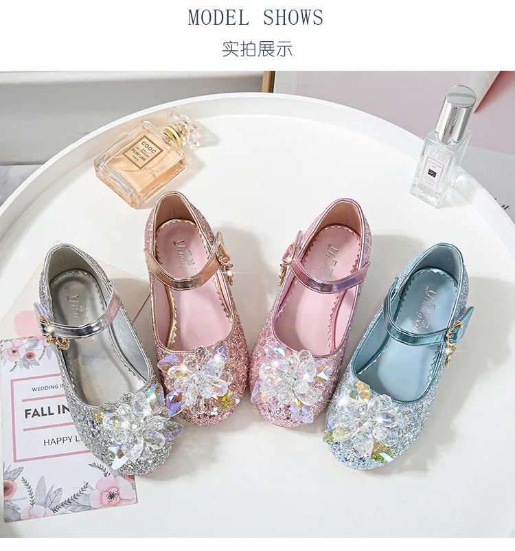 Kids Causal Shoes Wedding Party Children's High Heels Princess Shiny Crystal Flower Girls Leather Shoes Pink Blue Sliver 23-38