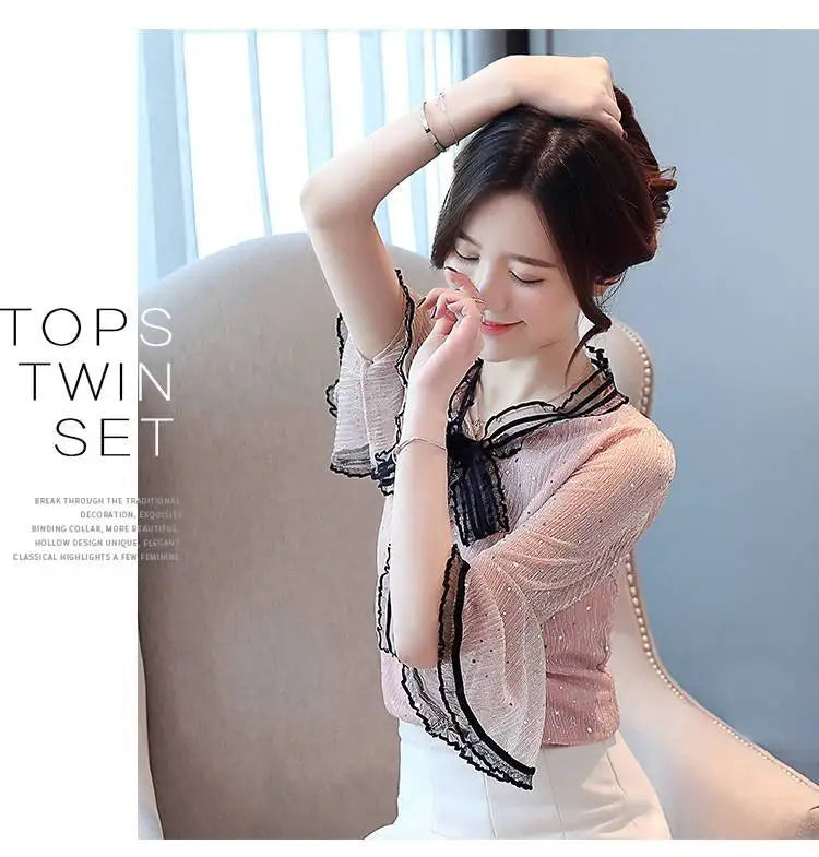 Chiffon Base Shirt with Mid Sleeves Versatile New Spring Sweet and Fashionable Korean Women's Top