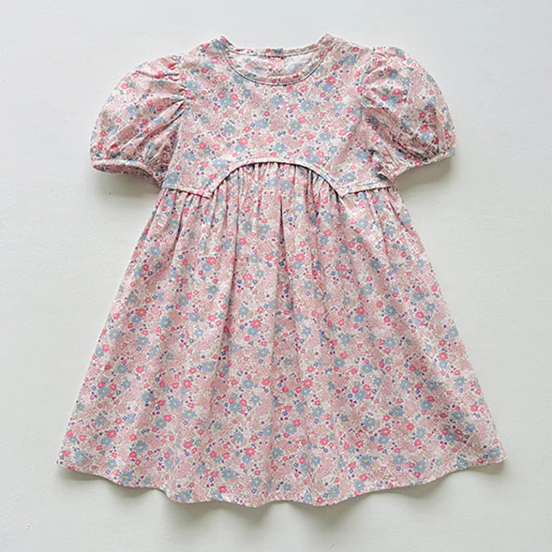Summer Kids Girls Dresses Short Sleeve A Line Girls Dresses Floral Print Pleated Dress For Girl