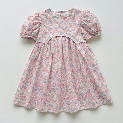 Summer Kids Girls Dresses Short Sleeve A Line Girls Dresses Floral Print Pleated Dress For Girl