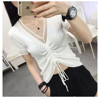 Ice Silk Short Sleeve T-shirt for Women in Summer New Thin V Neck Drawstring Solid Color Casual Tops Fashion Office Clothing