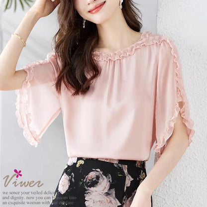 The Season Women's Fashionable Loose Short Sleeve Chiffon Shirt Slimming Cover Belly Versatile Top TT1479