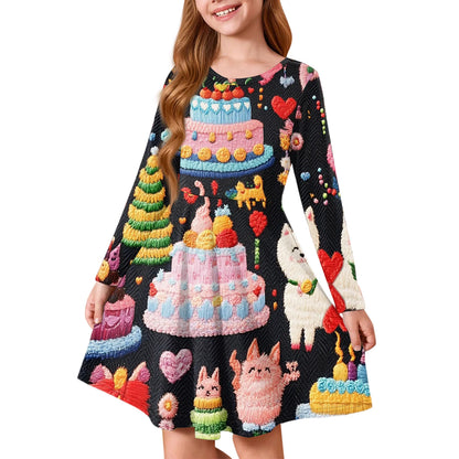Girl Spring Summer Cozy Dress Exquisite Colorful Pattern Printed Comfortable Dress Girl Daily Casual Long Sleeve A Line Dress