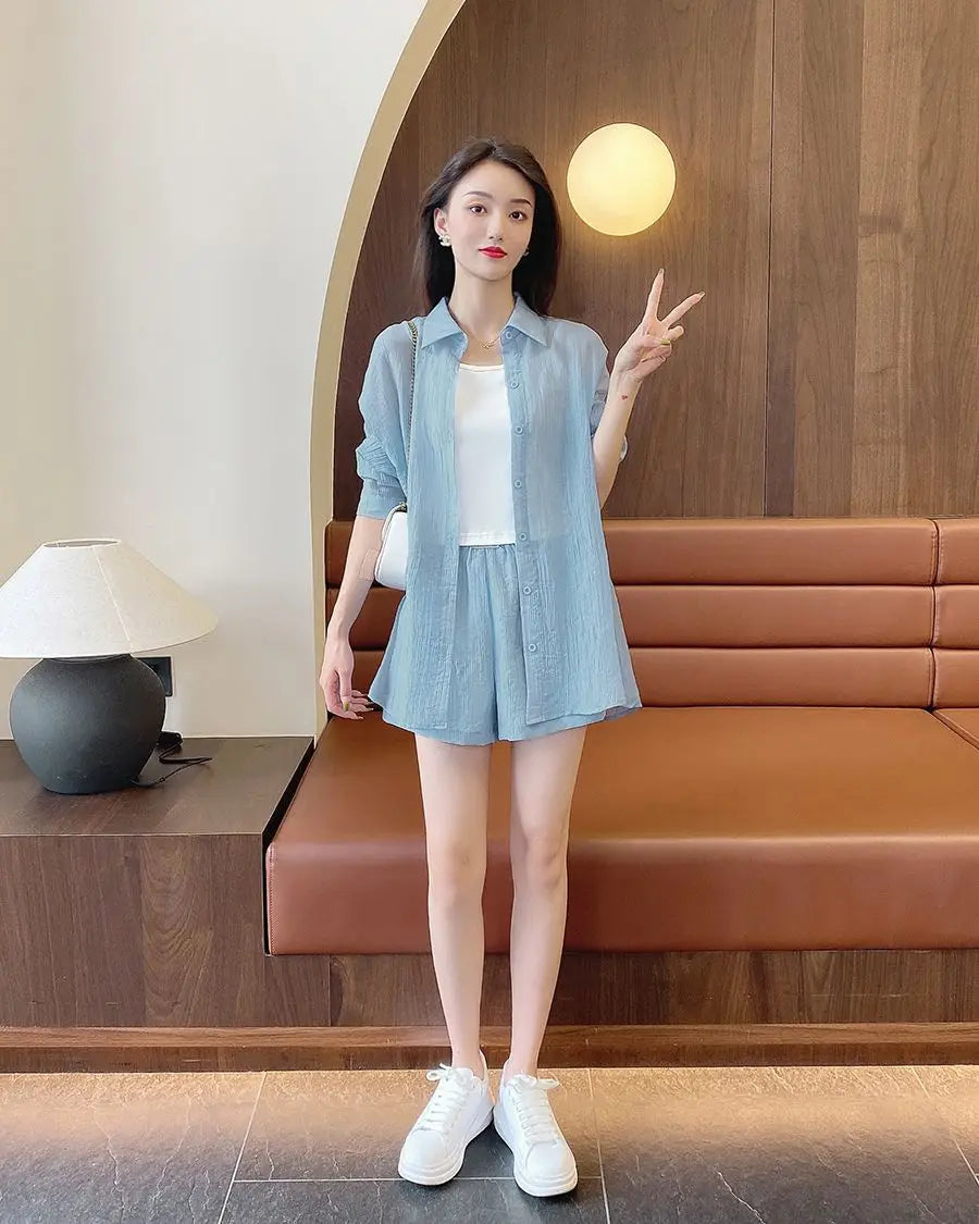 Spring and Summer Sun Protection Women's Set Stylish Loose Shirt Shorts High-end Elegant Women's Three Piece Set