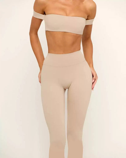 PMWRUN Women's Off - the - Shoulder Yoga Crop Top with High Waist Leggings Set, Stretchy and Breathable for Gym & Workout