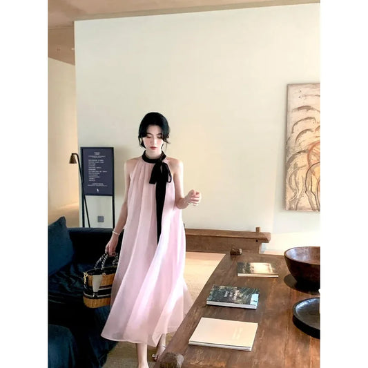 Women's Pink Halter Neck Maxi Dress With Black Bow Detail Sheer Chiffon Flowy Resort Party Dress