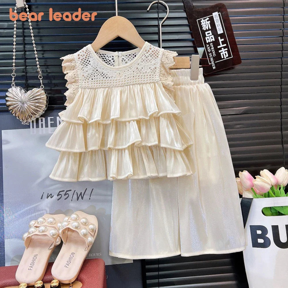 Bear Leader Summer Korean Version Girl Suits Flying Sleeve Round Neck Doll Shirt + wide Leg Pants 2-Pcs Set Kids Clothing