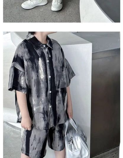 Boys Fashion Summer Tye-die Short Sleeve Shirts+Pants 2pcs Suits Years Kids Trend Streetwear Oufits Sets Children Clothing
