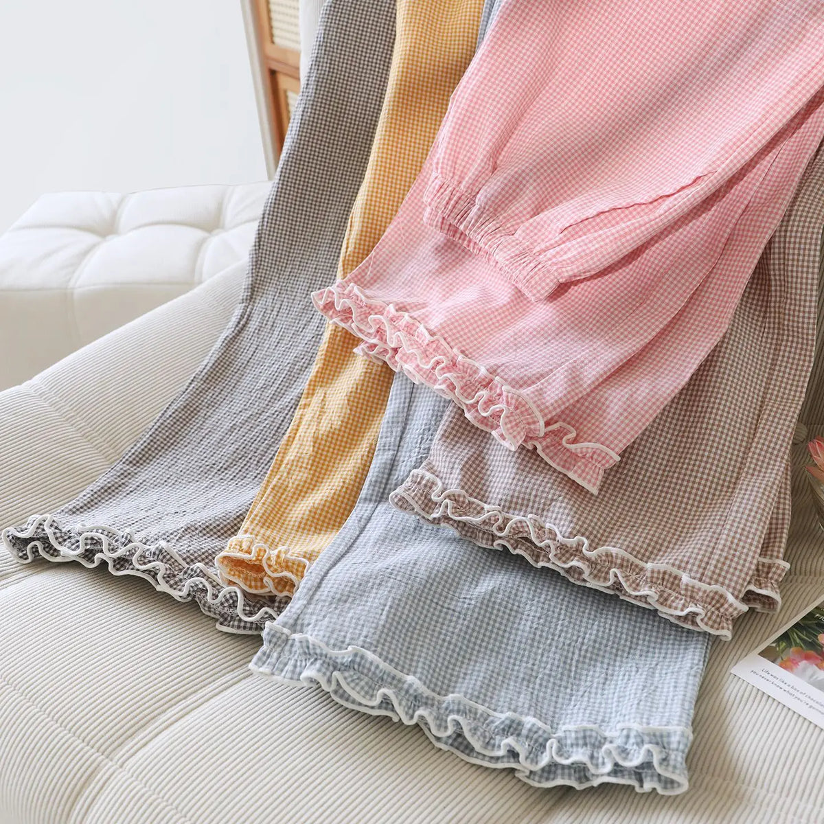 Spring and Summer Thin Loose Size Plaid Design Women's Pajama Pants Elastic Waist Casual Homewear Women Nine-point Trousers (Available)