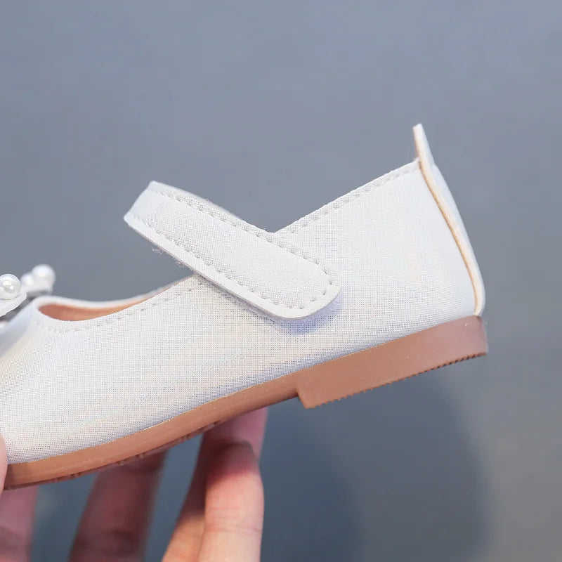 Girl's Leather Shoes Casual Simple Bowtie with Pearls 2024 New Flat Shoes Soft Sole Baby Kids Dress Shoes Children Party Flats