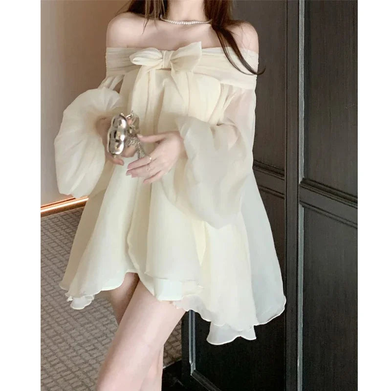 Bow Slash Neck Vestidos Off Shoulder Dress Sexy Sweet Vestido Fairy Mini Loose Dresses Spring 2026 New Long Sleeve Ropa Mujer