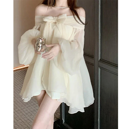 Bow Slash Neck Vestidos Off Shoulder Dress Sexy Sweet Vestido Fairy Mini Loose Dresses Spring 2026 New Long Sleeve Ropa Mujer