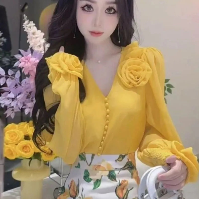 Vintage Elegant 3d Flower V-neck Shirt Women Spring Autumn All-match Blusas Mujer De Moda 2025 Fashion E-girl Blouses