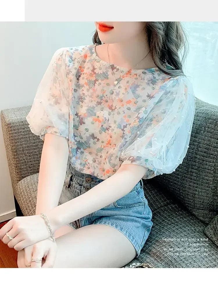 Floral Short-sleeved Chiffon Women's New Puff Sleeve Top Chic and Fashionable Shirt