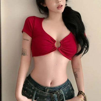 Xingqing y2k Crop Tops Women Summer Clothes Sexy Solid Color Metal Ring Short Sleeve Padded T Shirts 2000s Clothing Streetwear