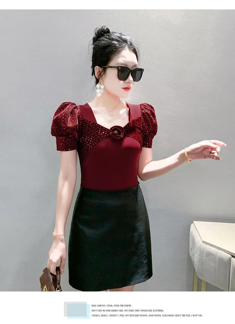 Women's Chic Youthful Square Neck Puff Sleeve T-Shirt Shimmery Floral Summer Blouse  Slim Fit Trendy Top