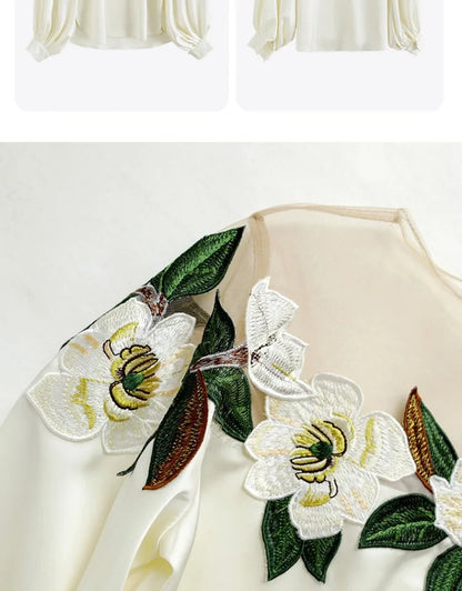 Embroidered Heavy Work Satin Patchwork irt Women's Sle Spring New Arrival Long Sve round Ne Fly Sve Lace Top