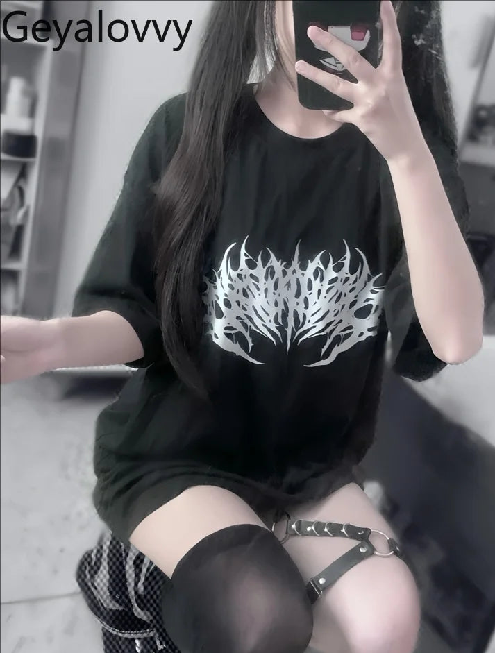 Japanese Mine Dark Goth Punk Summer Short-sleeved T-shirt Sweet Girl Couple T Shirt Versatile Print Simple Mid-length Tops